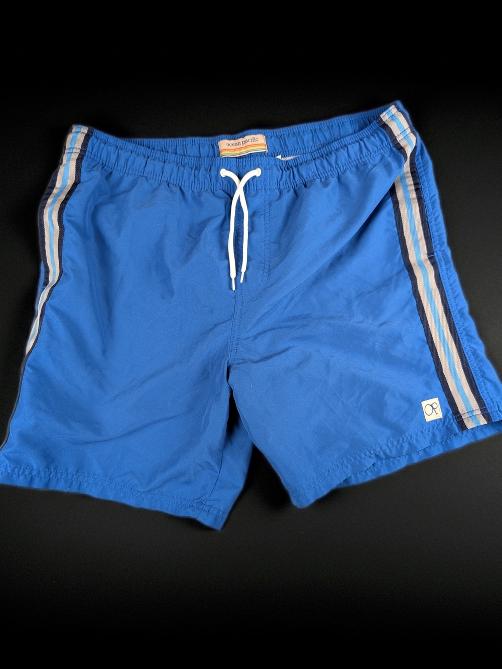 Ocean Pacific Blue Striped Swim Trunk Shorts Men's Size L36/38 Elastic Waist
